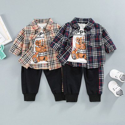 3-teiliges Bärenmuster-Sweatshirt &amp; gestreiftes Hemd &amp; Hose für Kleinkindjungen