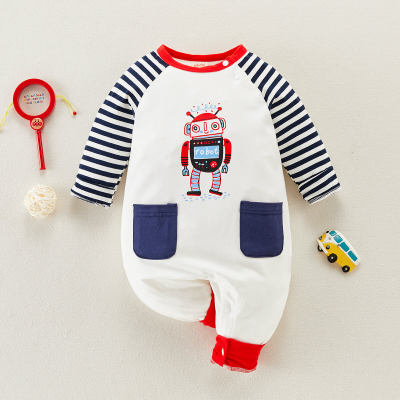 hibobi Baby Boy Casual Robot Print Stripes Long Sleeve Jumpsuit