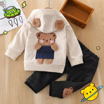 Abrigo y pantalones con capucha de manga larga con bordado de oso para bebé niña