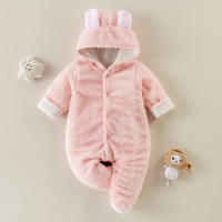 Baby Solid Color Bear Ear Plush Long-sleeved Long-leg Romper  Pink