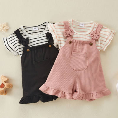Baby Girl Stripes Print Top And Solid Suspender Pant