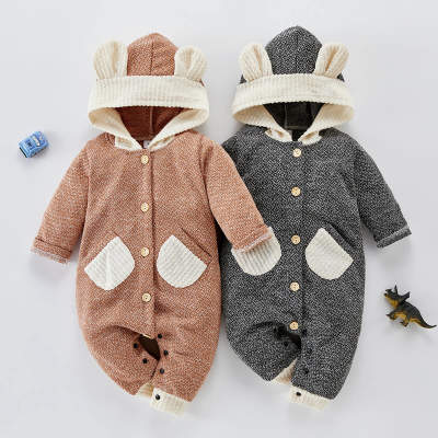 Baby Cute Rabbit-ears Knitted Long Sleeve Hooded Jumpsuit