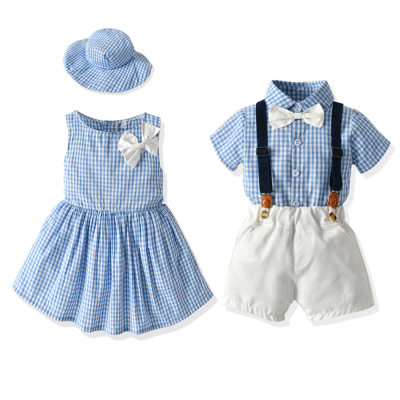 Plaid Print Sleeveless Dress & Blouse and Shorts Suit For Brother and Sister