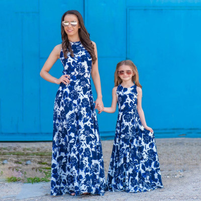Floral Print Round Collar Sleeveless Long Dress for Mom and Me