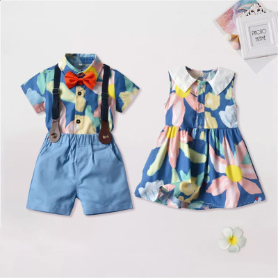 Brother Sister Clothes Floral Print Lapel Sleeveless Dress & Blouse and Shorts