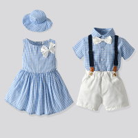 Brothers Sisters Clothes Plaid Sleeveless Dress and Hat & Blouse and Shorts Suit  Blue