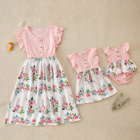 Whole Family Floral Printed Pattern Dresses or Baby Romper  Pink