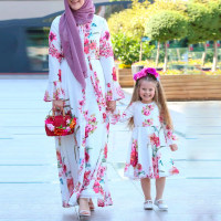Mom Baby Clothes Floral Printed Long Sleeve Dress  White
