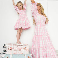 Mom Baby Clothes Plaid Square Collar Puff Sleeve Dress  Pink