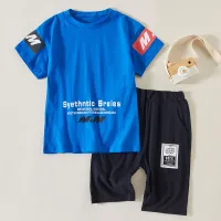 Boy 2pcs Letter Pattern Cotton Suit T-shirts & Knee Length Shorts  Blue