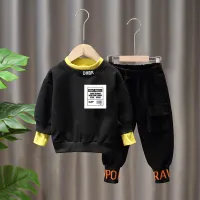 Kid Boy Letter Print Sweatshirt & Slacks  Black
