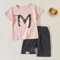 Boy Letter Pattern T-Shirt & Striped Shorts  Pink