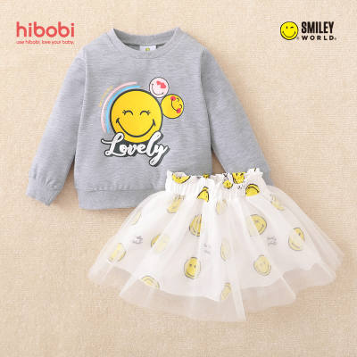 hibobi x SmileyWorld Toddler Girl Cartoon Pattern Long Sleeves Top & Mesh Skirt