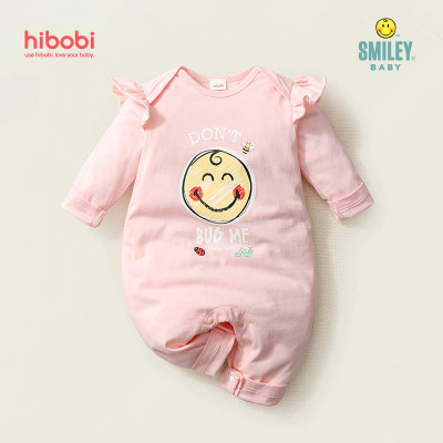 Smiley Baby Girl Pink Sweet Print Ruffle Long Sleeve Jumpsuit
