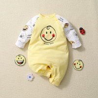 Smiley Baby Cute Print Long Sleeve Cotton Jumpsuit  Yellow