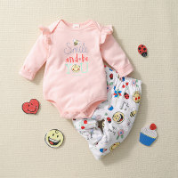 Smiley Baby Girl Cute Print Sweet Ruffle Long Sleeve Rompers & Pants - Hibobi
