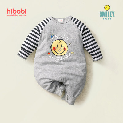 [Yuya Selected]Smiley Baby Boy Cute Print Stripe Long Sleeve Cotton Jumpsuit