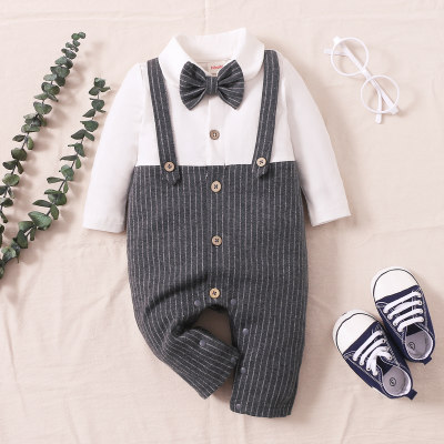 hibobi Baby Boy Gentleman Color-block Bow Tie Stripe Long Sleeve Jumpsuit