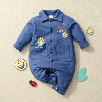 Smiley Baby Boy Shirt-collar Cute Print Long Sleeve Denim Jumpsuit  Deep Blue