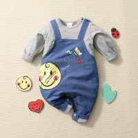 [Yuya Selected]Smiley Baby Boy Cute Print Stitching Denim Long Sleeve Jumpsuit - Hibobi