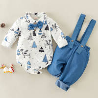 hibobi Baby Boy Forest Pattern Bow Tie Romper & Suspender Pant  Blue