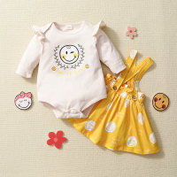 Smiley Baby Girl Cute Print Ruffle Long Sleeve Rompers & Suspender Skirt - Hibobi