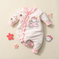 Smiley Baby Girl Pink Sweet Print Ruffle Long Sleeve Jumpsuit - Hibobi