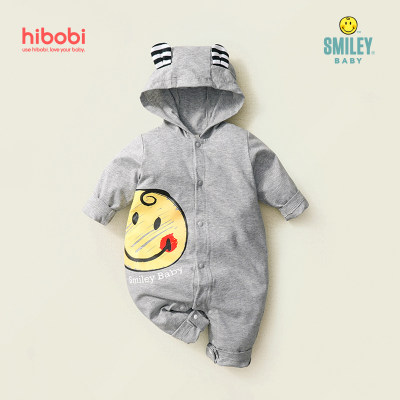 Smiley Baby Boy Cute Print Bear-ear Long Sleeve Hooded Jumpsuit
