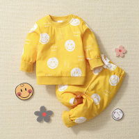 [Yuya Selected]Smiley Baby Boy Cute Print Long Sleeve Sweatshirt set - Hibobi