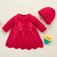 Baby Girl Sweet Bow Decor Long Sleeve Dress & Hat  Red
