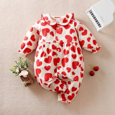 hibobi Baby Girl Valentine's Day Doll-collar Heart-shaped Print Long Sleeve Jumpsuit