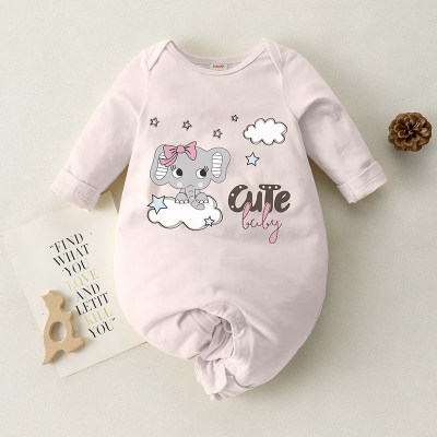 Baby Solid Elephant Print Long Sleeve Cotton Jumpsuit