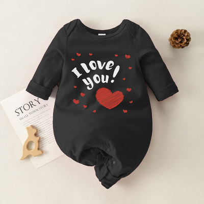 Baby Solid Heart-shaped Letter Print Long Sleeve Cotton Jumpsuit