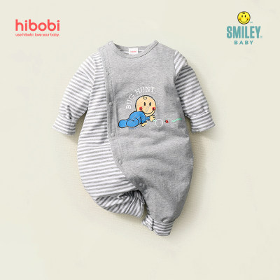 [Yuya Selected]Smiley Baby Cute Print Stripe Long Sleeve Cotton Jumpsuit