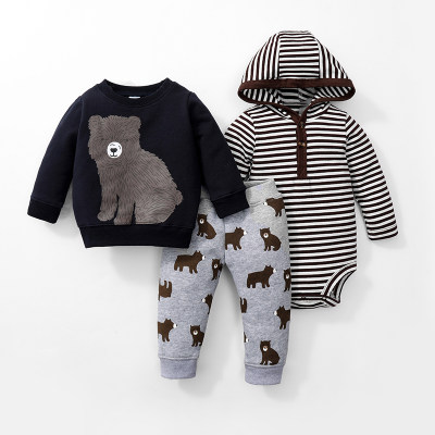 Cute 3-piece Hooded Bodysuit, Animal Sweatshirt and Pants Set