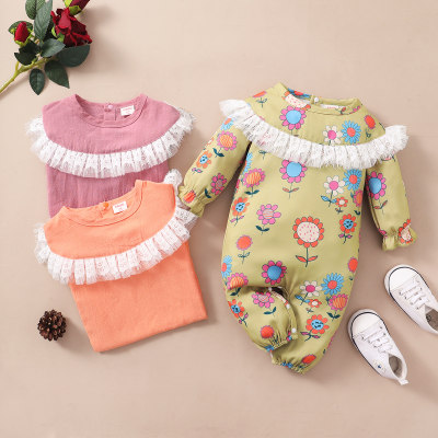 hibobi Baby Girl Sweet Ruffle Floral Print Long Sleeve Jumpsuit
