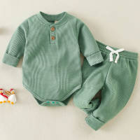Baby Solid Color 100% Cotton Knitting Long Sleeve Romper & Pants  Green