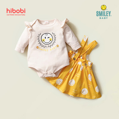 Smiley Baby Girl Cute Print Ruffle Long Sleeve Rompers & Suspender Skirt