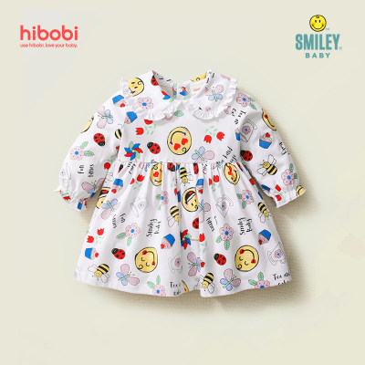 Smiley Baby Girl Cute Print Doll-collar Long Sleeve Dress