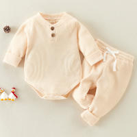 Baby Solid Color 100% Cotton Knitting Long Sleeve Romper & Pants  Beige