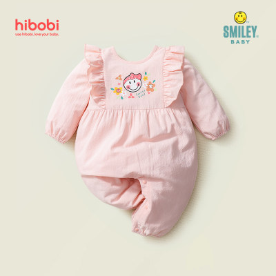 Smiley Baby Girl Pink Sweet Print Ruffle Long Sleeve Jumpsuit