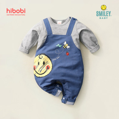 Smiley Baby Boy Cute Print Stitching Denim Long Sleeve Jumpsuit