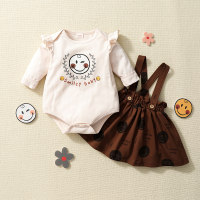 Smiley Baby Girl Cute Print Ruffle Long Sleeve Rompers & Suspender Skirt - Hibobi