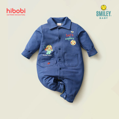 Smiley Baby Boy Shirt-collar Cute Print Long Sleeve Denim Jumpsuit