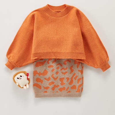 Toddler Girls Solid Color Sweater & Leopard Printed Skirt