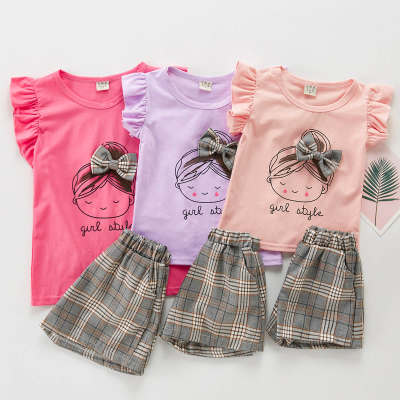 2pcs Sweet Plaid Little Girl Print T-shirt and Pants