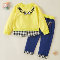 2pcs Fashion Color-block Plaid Love Print Pullover and Pants  Yellow