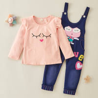 2-piece Solid Ruffle Tops & Denim Dungarees for Toddler Girl  Pink