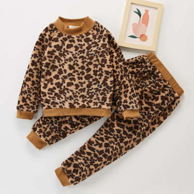 Traje de pantalón y top casual de leopardo de poliéster para niñas pequeñas