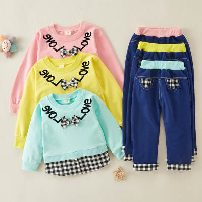 2pcs Fashion Color-Block Plaid Love Print Pullover und Hosen